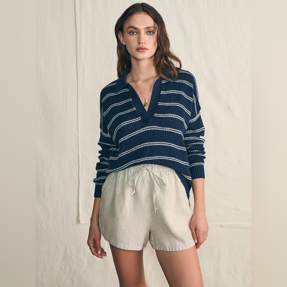 Faherty Miramar Linen Polo Sweater - Navy Mystic Stripe size XS pristine